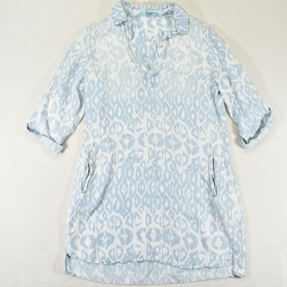Karlie Blue 3/4 Sleeve Mini Dress Womens Small Pockets Geometric Tencel Tunic